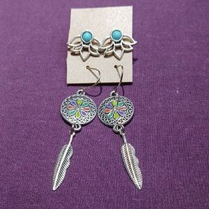 Silver and Turquoise Floral Earrings Set